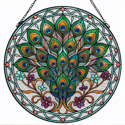 Peacock Feathers Stained Glass Window Panel，12"H