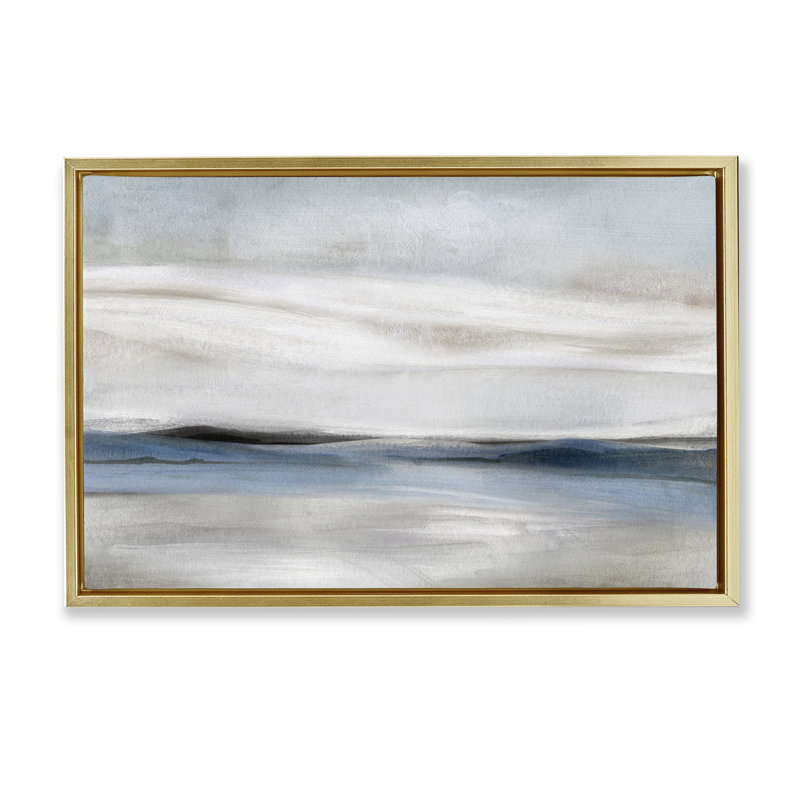 Abstraction de paysage neutre strié, Cadre flottant métallique doré, H 17 po x l 25 po