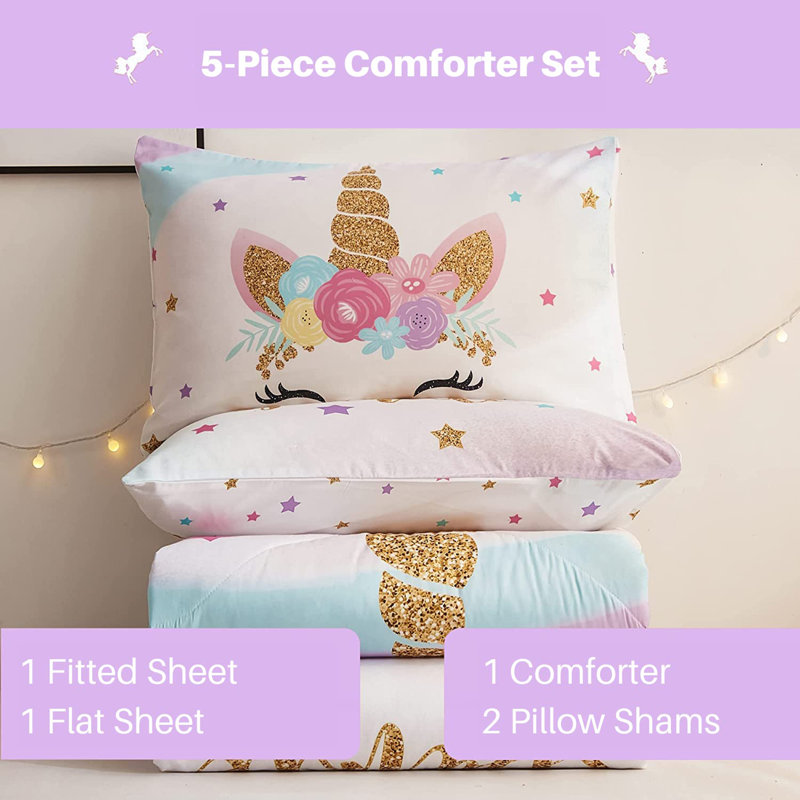 5-Piece Bed in a Bag, 3D Colorful Unicorn Bedding Comforter Sheet Set, Ultra Soft and Fluffy, Pink & Rainbow Color