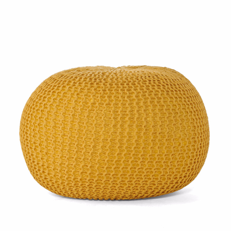 Bordeaux Knitted Cotton Round Pouf, Yellow, 12" H x 19.75" W x 19.75" D