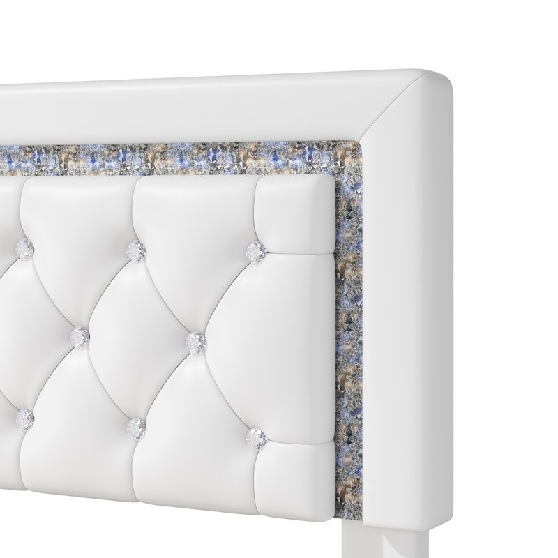 Lit plateforme flottant en similicuir blanc, taille standard, avec tête de lit capitonnée en losanges et éclairage LED. Sommier non requis, conception silencieuse, montage facile.