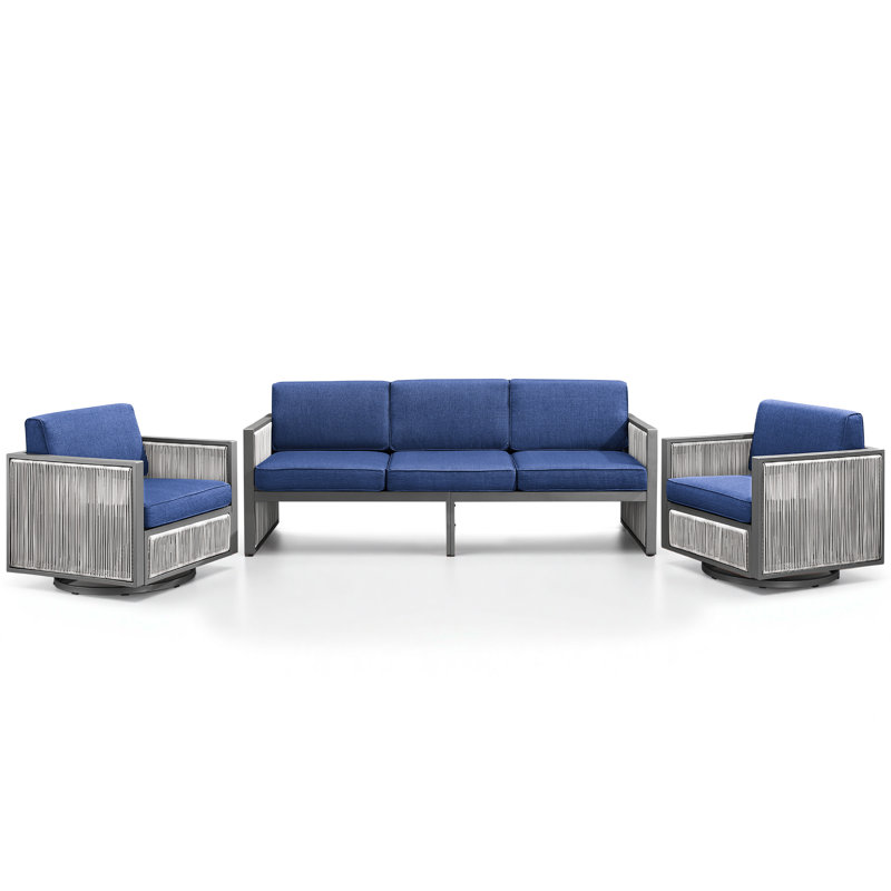 Ensemble de patio d'extérieur en osier avec coussins 3 pièces Trinie, Bleu