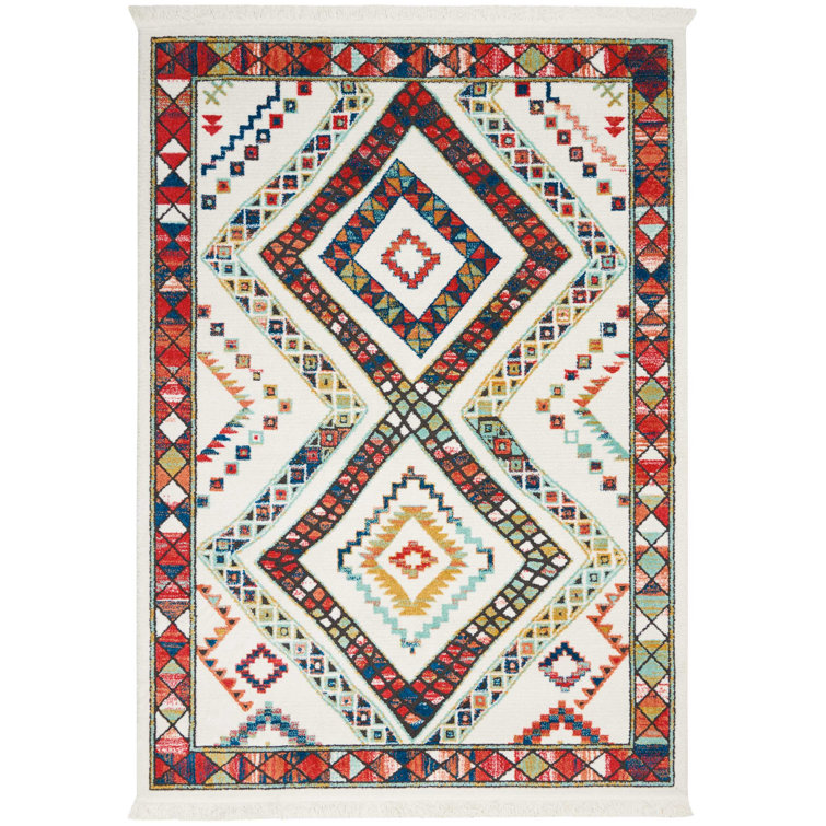 Southwestern Machine Made Power Loom Area Rug in White/Red