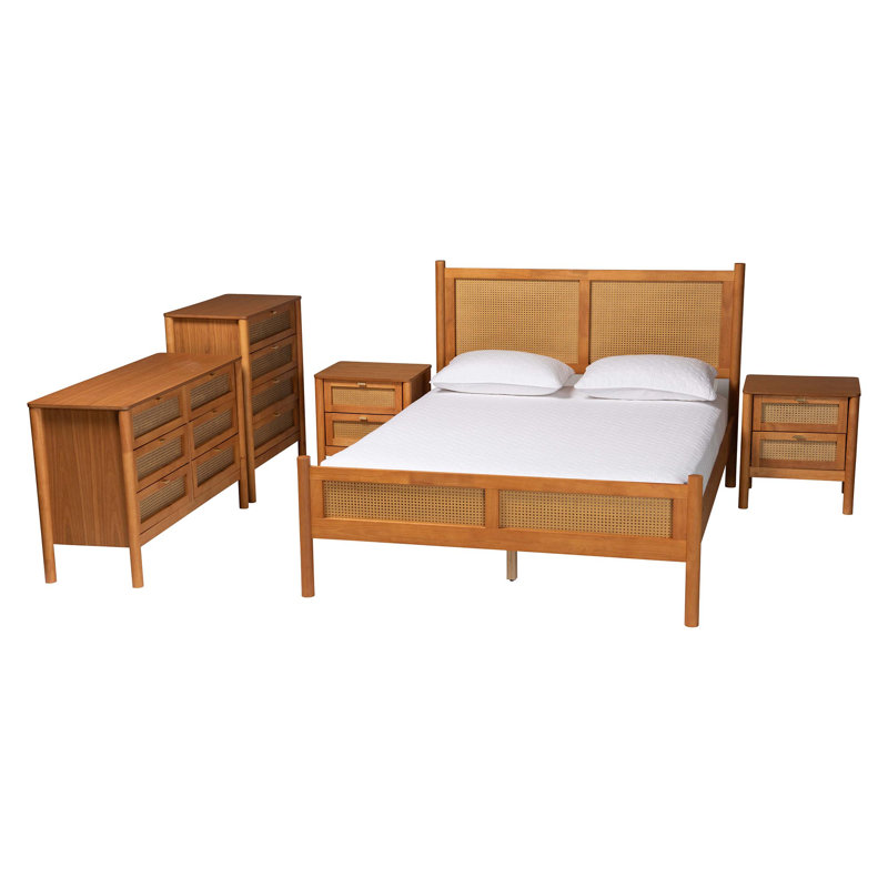 Ensemble de chambre à coucher grand 5 pièces en bois de brun doré et brun avec rotin patiné Betzayda Baxton Studio Jenn
