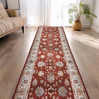 Custom Size Anti-Slip Dot Back Machine Printed Chenille Material Traditional Botanical Floral Design Low Profile Hallway Runner Rugs