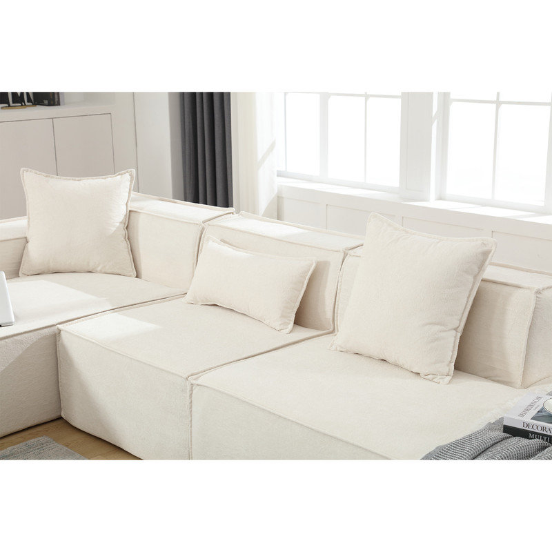 Compression Upholstered Sectional, Left Hand Facing, Beige Polyester Blend