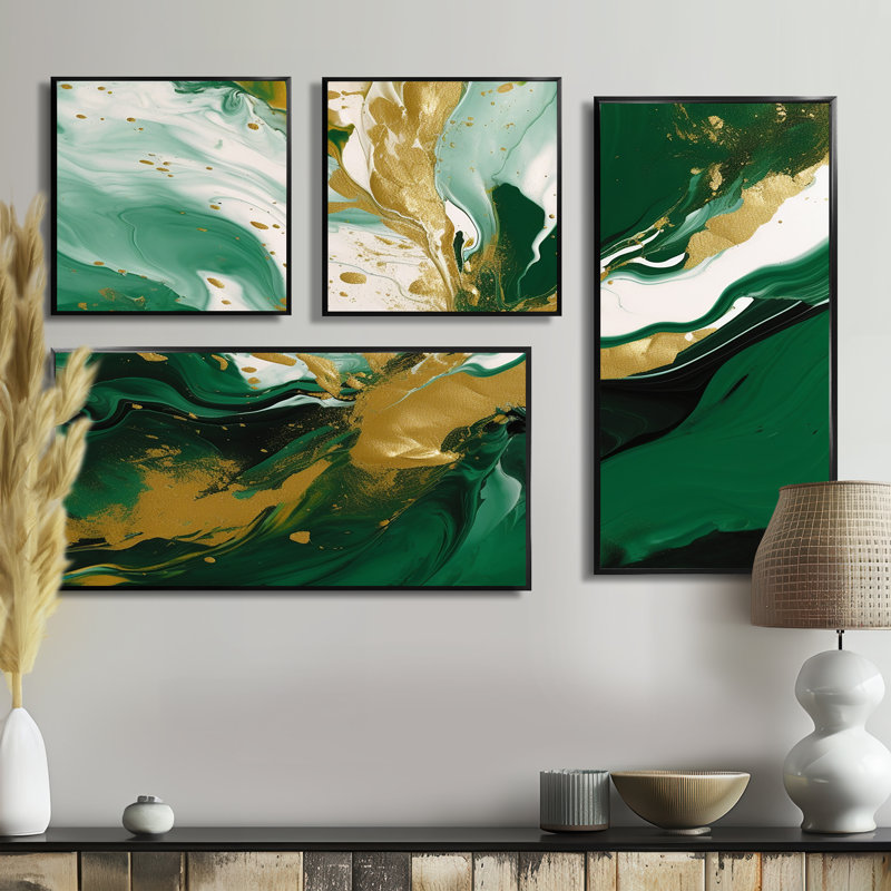Vert et or liquide Magic II - impressions sur toile modernes 4 pièces, Noir, Impression encadrée sans passe-partout