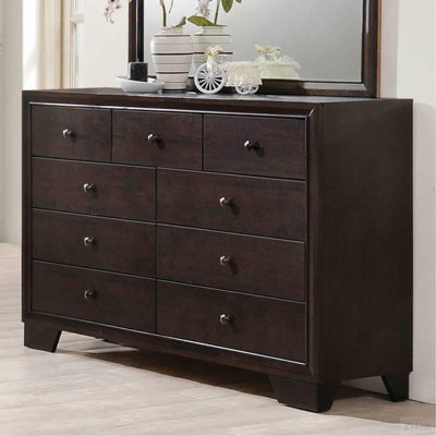 Mobilier de chambre à coucher de style moderne avec commode à neuf tiroirs et finition brune