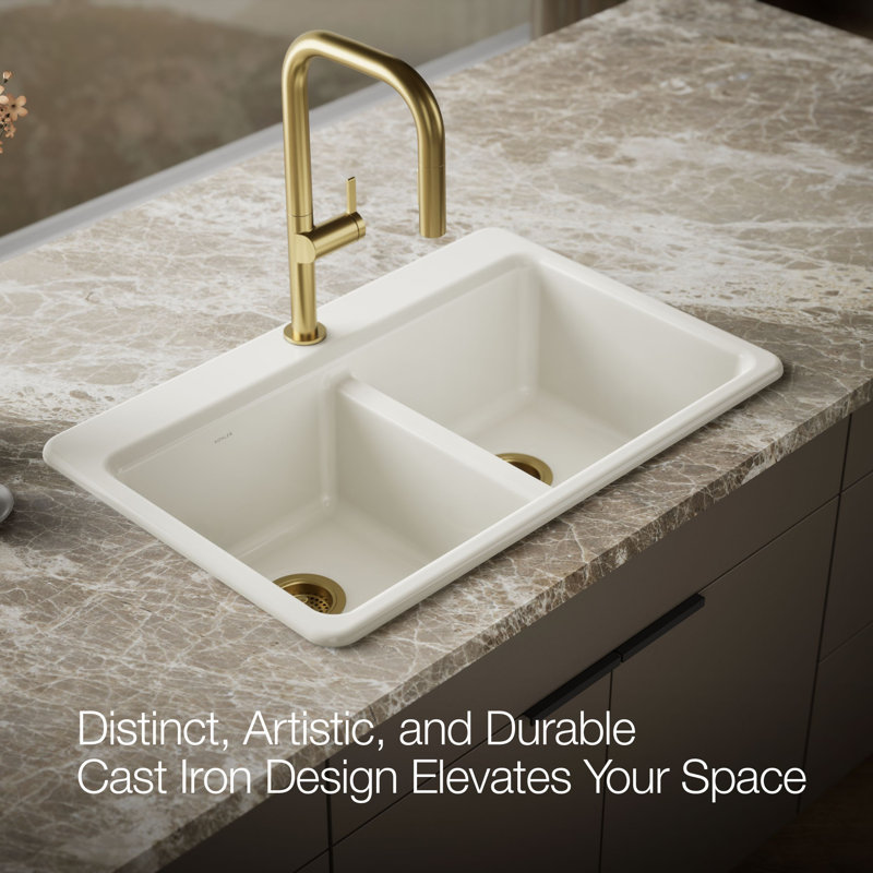 Riverby 33 In. Top-Mount Double-Bowl Kitchen Sink, Biscuit, Double-equal bowls, 1 hole