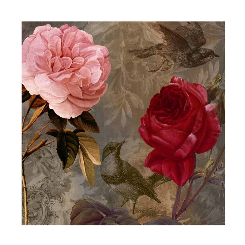 Art de Sasha, oiseau et roses_ALI73142, H 14 po x l 14 po