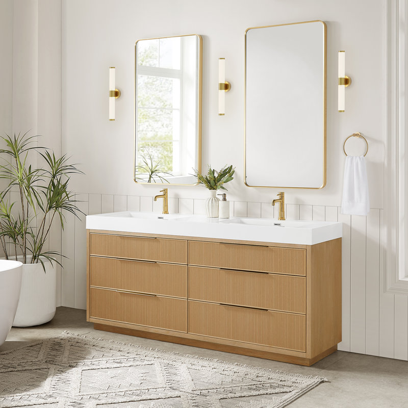 Grunwald 72" Double Bath Vanity in Washed Ash Grey with White Integrated Stone Sink Top
