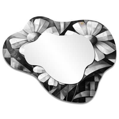 Monochrome Delicate Geometric Wildflowers - Wildflowers Asymmetrical Decorative Mirror, Traditional irregular Wall Mirror, Printed on Metal