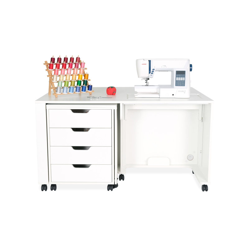 White Hydraulic Lift Sewing Cabinet with Storage and Ironing Station