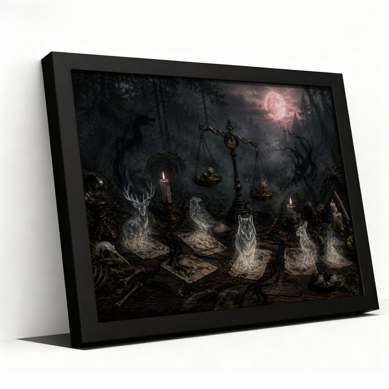 Animaux totems lumineux sur des cartes de tarot, tableau sur toile pour l'Halloween au clair de lune, H 12 po x l 18 po