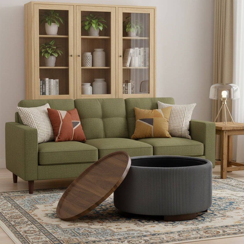 29.5 Inch Round Storage Ottoman Coffee Table,Modern Circle Coffee Table With Storage With Removable Lid Top And Solid Wood Legs,Large Round Ottoman For Bedroom,Living Room