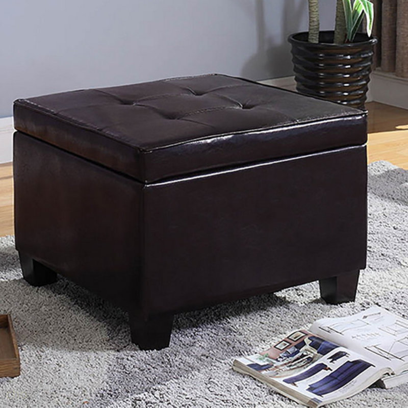 Grand repose-pieds de rangement en bois et en cuir 15 po, brun