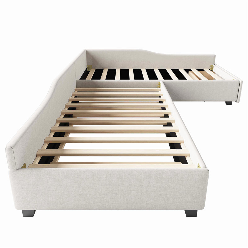 Upholstered Double Twin Size Daybed with Trundle and Drawer, Beige
