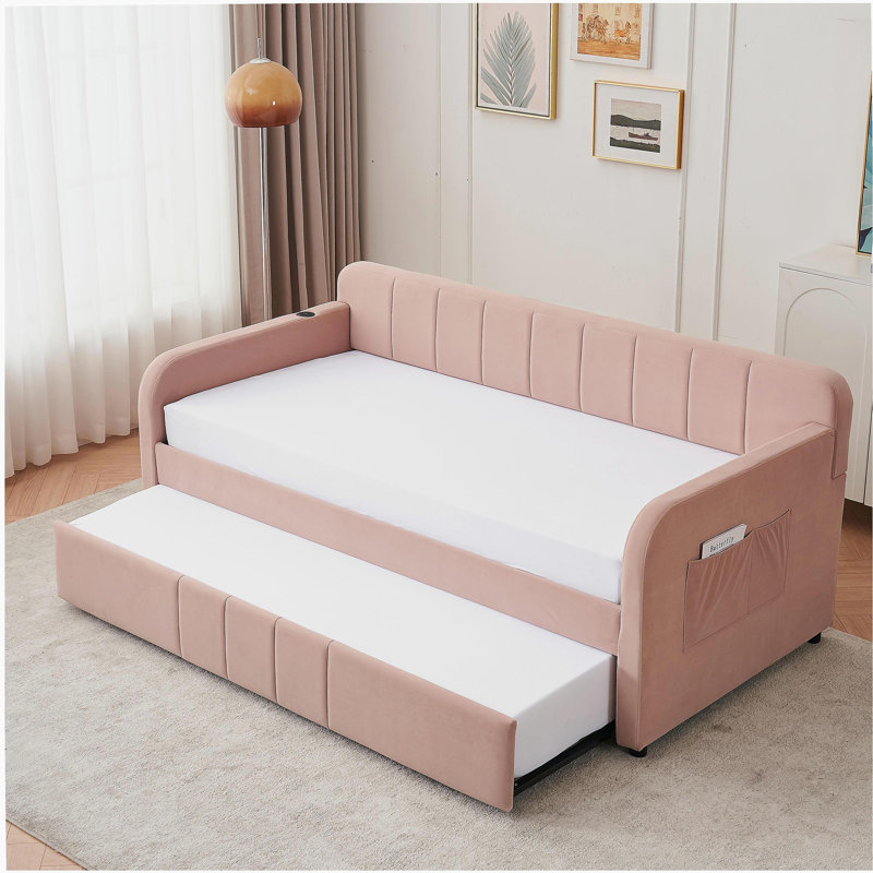 Structure de lit de jour simple rembourrée avec lit gigogne, canapé-lit simple pour chambre à coucher, support à lattes de bois, rose