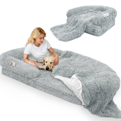 71"X38"X9" Foldable Human Dog Bed Fits Adult 10 Cm Thick Memory Foam Washable Oversize Dog Bed With Blanket -Grey