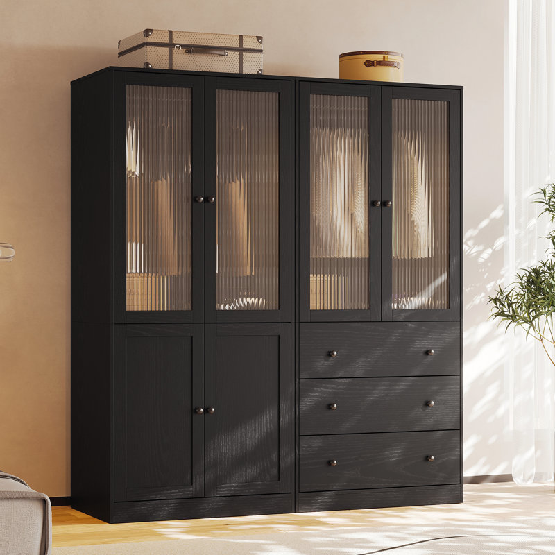 Armoire moderne 20 po x l 63 po x H 71 po avec portes à fermeture douce - garde-robe en verre cannelé avec tablettes et tiroirs