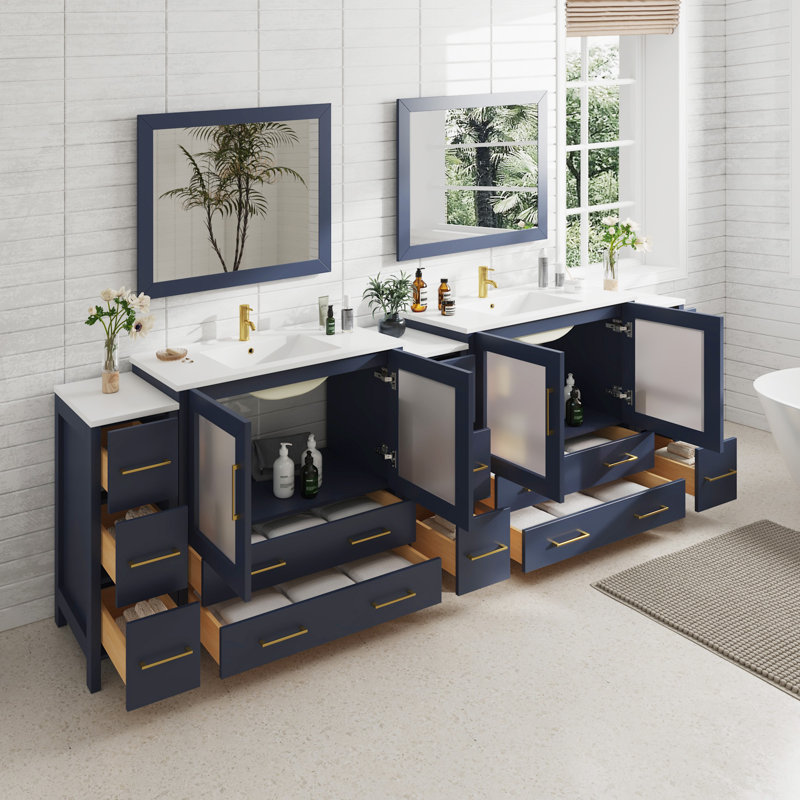 Brescia 108" Double Sink Freestanding Bathroom Vanity with Ceramic Top and Matching Mirrors, Blue