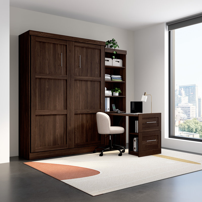 Grand lit escamotable 90 W avec bureau coulissant, Noyer noir