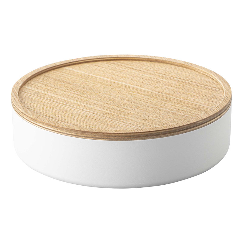 White Steel and Wood Short Storage Bin with Lid