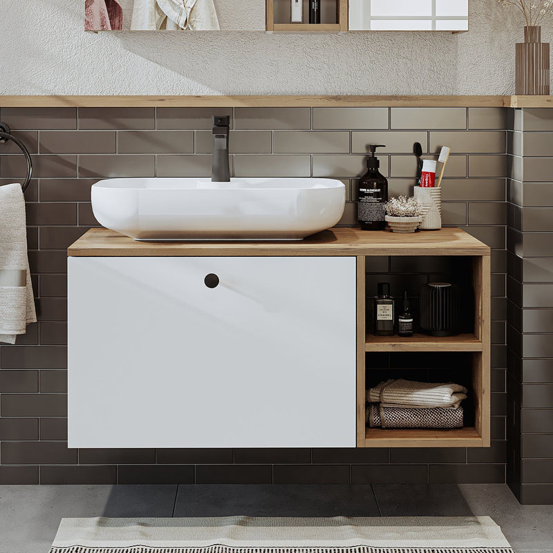 Rosaliyah Bathroom Vanity Unit with Ceramic Washbasin 95cm, White/Oak