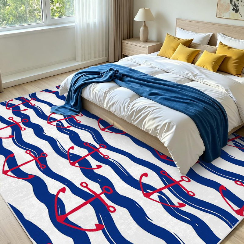 Tapis bleu marine bleu marine lavable à la machine avec ancre rouge, Rectangle 79 po x 118 po
