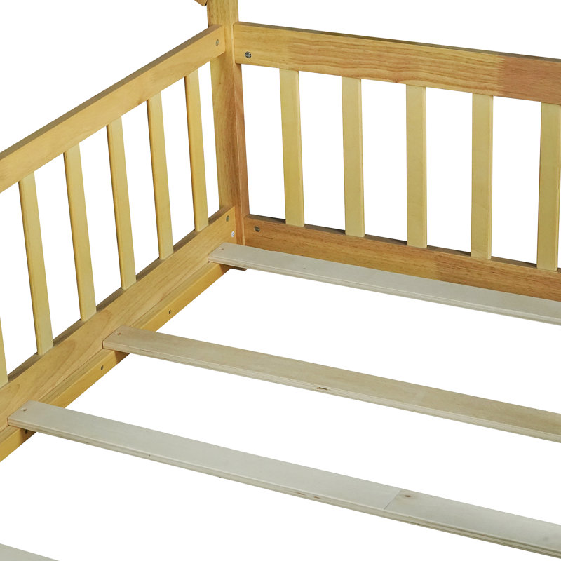 Tent-Shaped Floor Bed,Teepee Bed With Guardrails,Slats, Natural, Twin