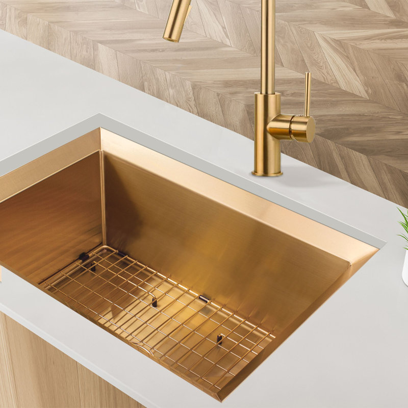 Transolid Studio 33-in x 19-in x 11-in Undermount Stainless Kitchen Sink, SinkPocket, Grid, Strainer, Gold