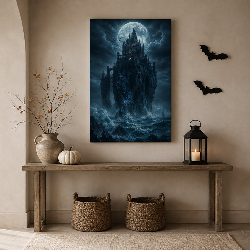 Impression sur toile, "Gothic Castle on Jagged Cliff Under Full Moon", H 18 po x l 12 po