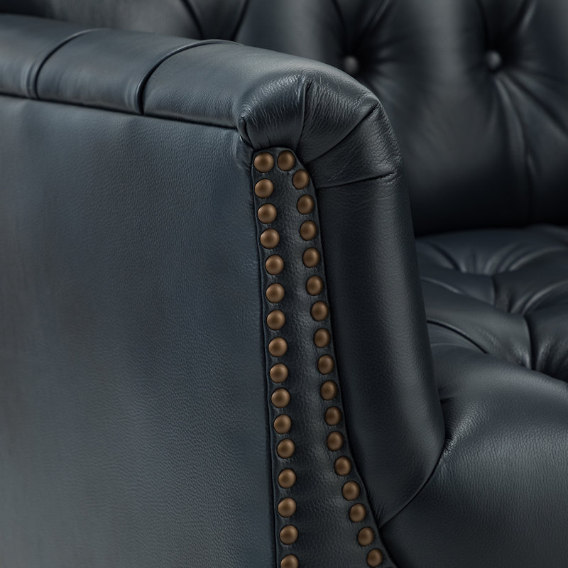 Fauteuil en cuir capitonné Annja, Cuir véritable bleu marine