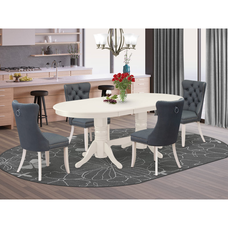 L'ensemble de salle à manger 5 pièces comprend une table de cuisine ovale avec rallonge amovible et 4 chaises rembourrées
