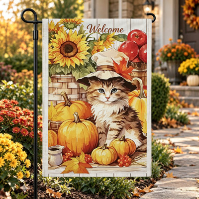 Drapeau de jardin « Bienvenue en automne », double face, 30 x 45 cm, chaton orange et marron.