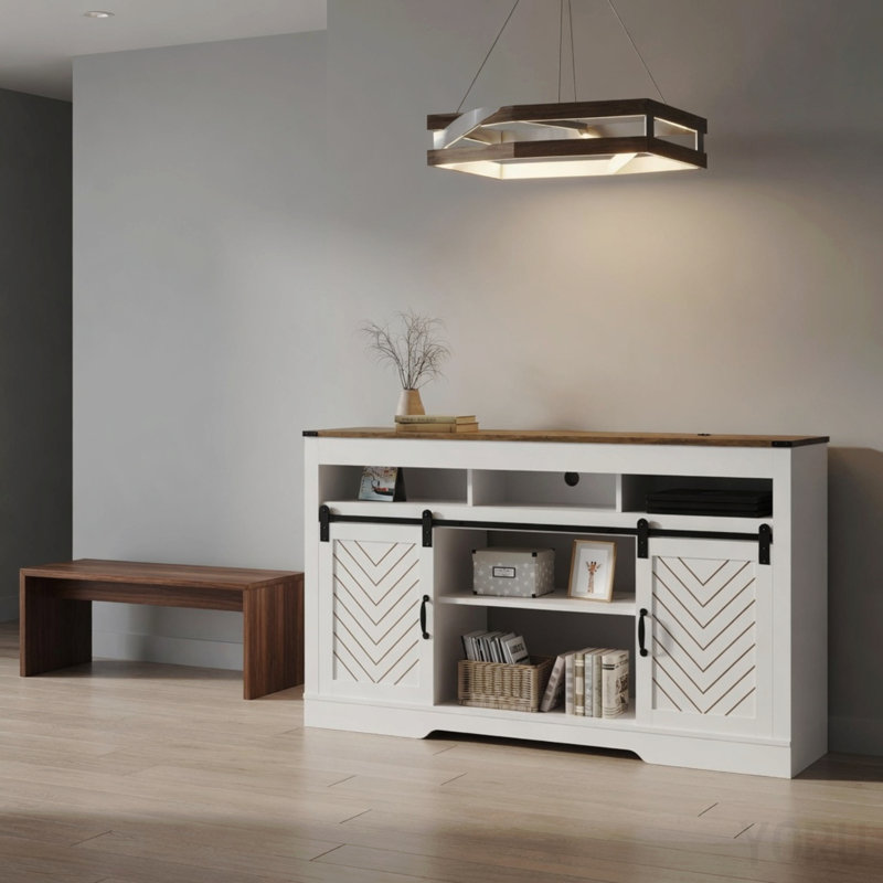 Meuble télé 58 po avec portes de grange coulissantes pour téléviseur de 65 po - blanc / chêne