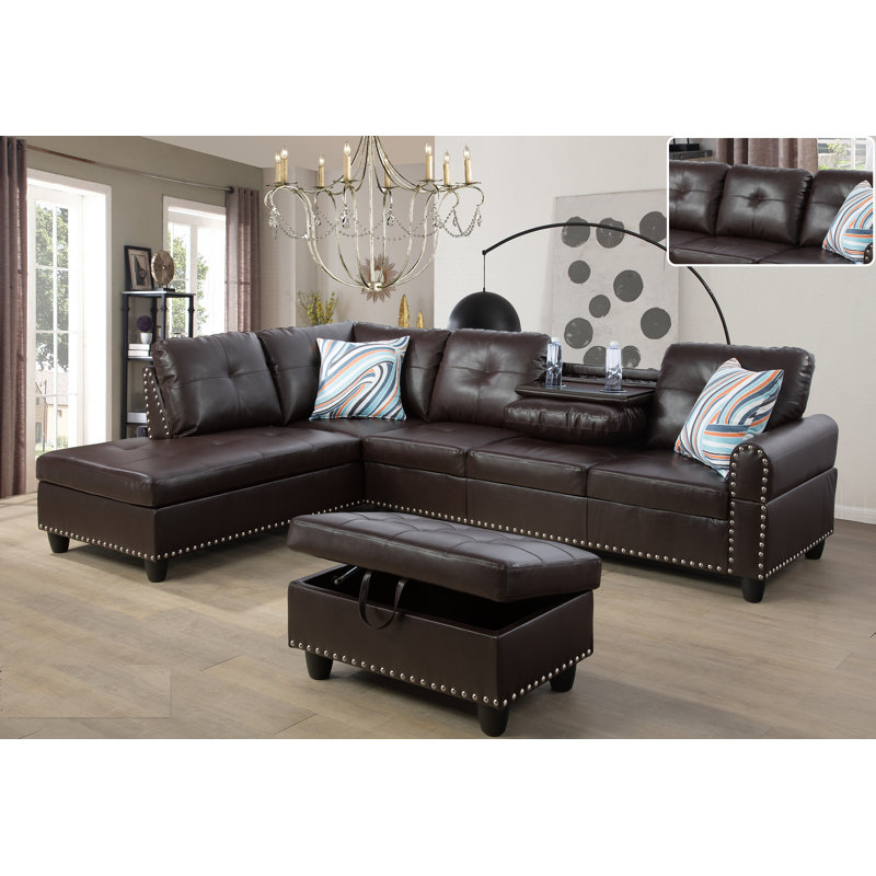 Adebisi 3 - Piece Faux Leather Sectional, Brown Faux Leather, Left Hand Facing