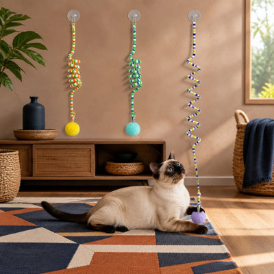 A suction cup, bell, and plush ball are included with this 3 Pack of retractable hanging spring feather toys for indoor kitten self play and exercise.