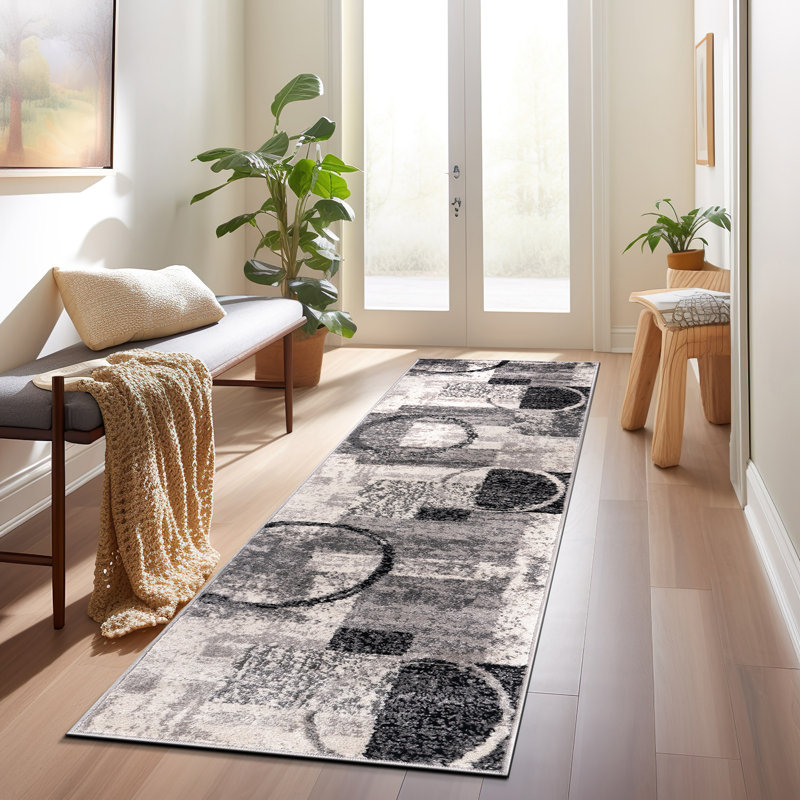 Bionda Geometric Area Rug in Cream/Black/Gray, Runner 2' x 10'