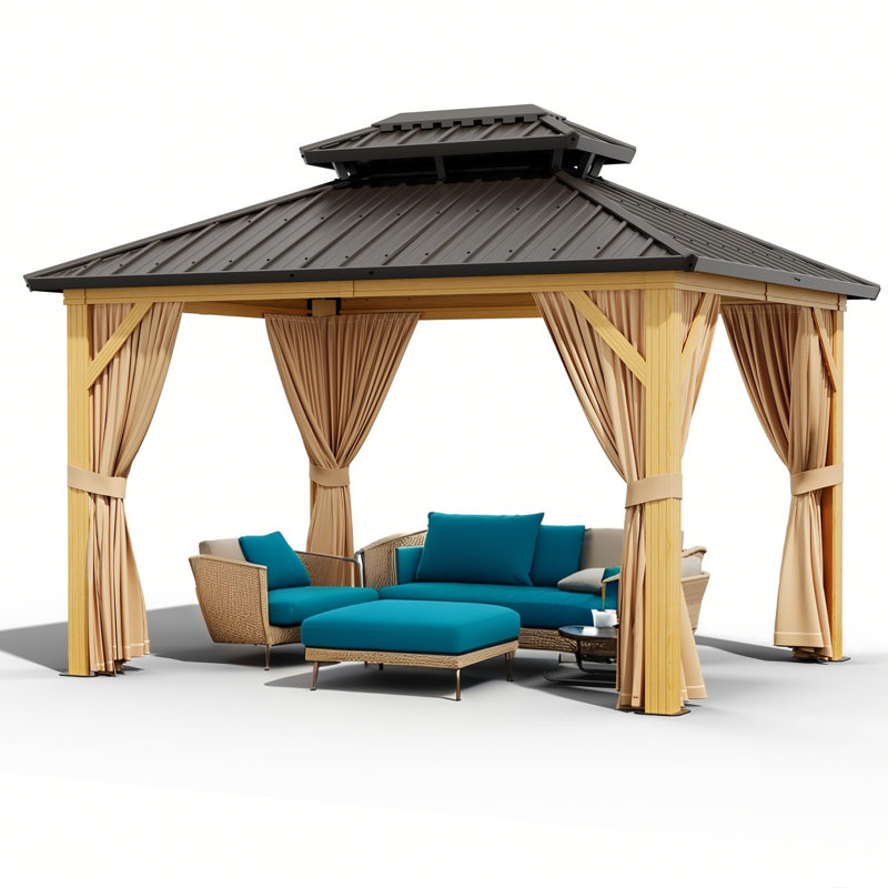 Outdoor Hardtop Gazebo, Galvanized Iron Double Vent Roof with Curtains & Netting, Aluminum Frame Pavilion for Patio, Lawn, Deck, Garden