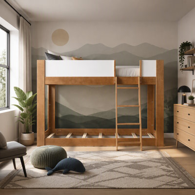 Low Bunk Bed, Wooden Convertible Bunk Bed with Reversible Ladder and Safety Guardrails