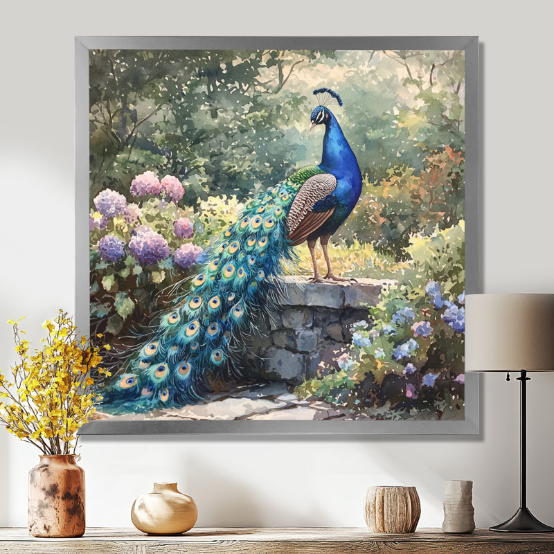 Hamon Peacock In Full Display I - bird Wall Art, 36" H x 36" W, Single Picture Framed Print, Silver