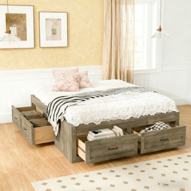 Wood Bed with 6 Storage Drawers, Antique Grey, Queen
