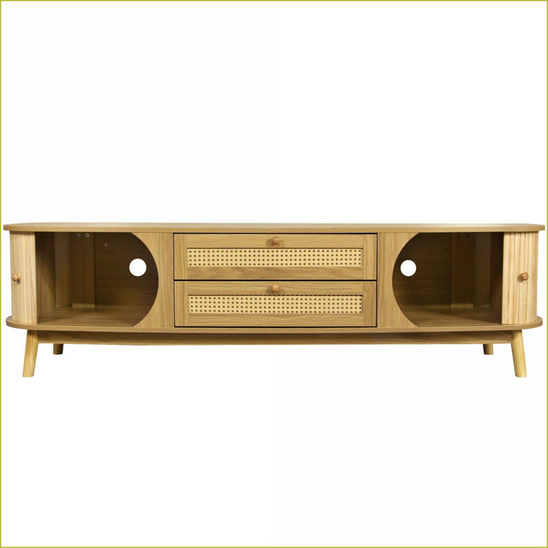 Meuble télé pour téléviseur de 75 pouces, console multimédia de style campagne moderne avec rangement en rotin et amp; Pieds en bois massif | Bois massif et panneau de fibres à densité moyenne | Espace de vie principal