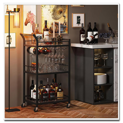 3-Tier Black Bar Cart With Mirrored Shelves Wine Rack And Glass Holder, Mobile Serving Cart For Kitchen Living Room