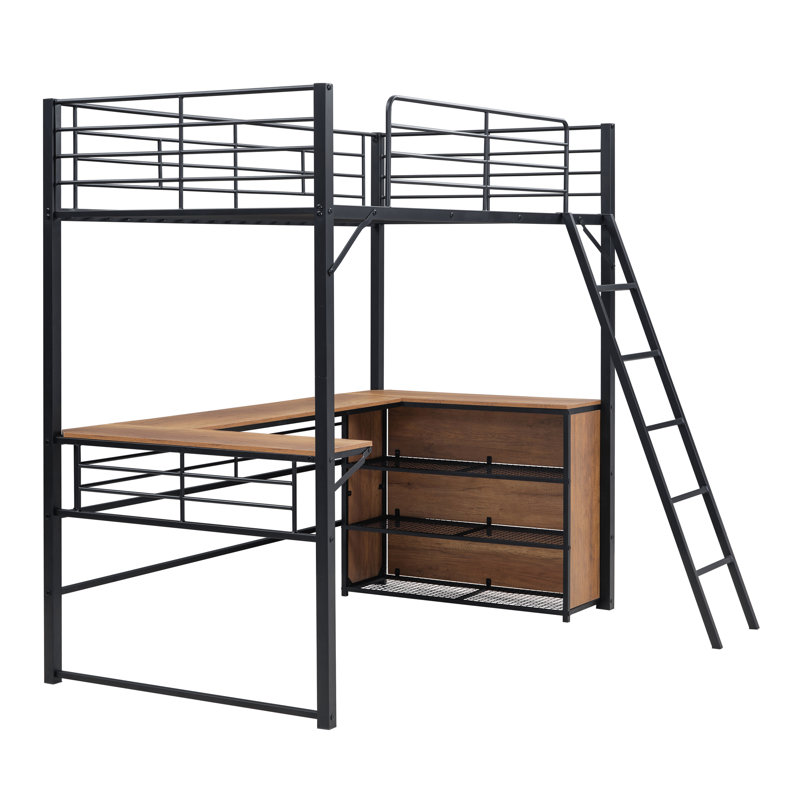 Lit mezzanine en métal avec 3 tablettes de rangement et bureau en L, Noir