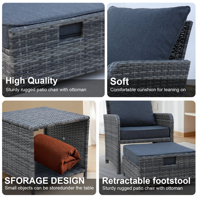 5 Pieces Wicker Patio Furniture Set, Outdoor Furniture With Sturdy Rust-Proof Frame, Comfortable Cushions With High-Density Sponge, Space-Saving Design With Ottoman Storage