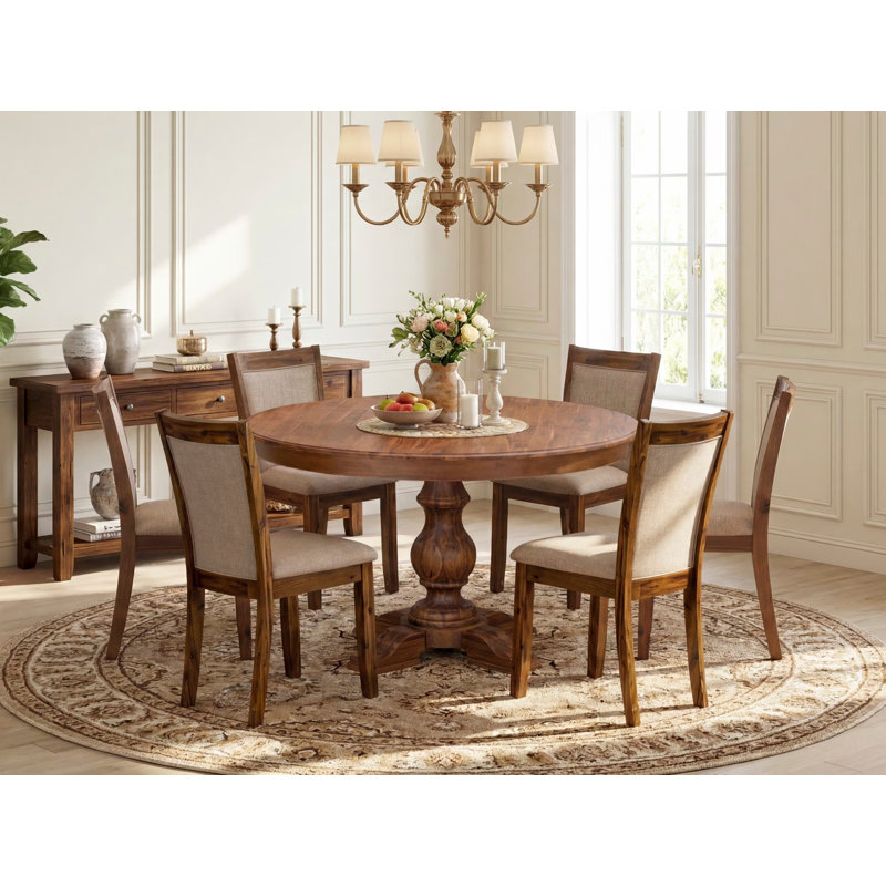 7-Pc Kitchen Table Set Includes a Pedestal Breakfast Table and 6 Light Tan Linen Fabric Chairs with Padded Back - Antique Walnut
