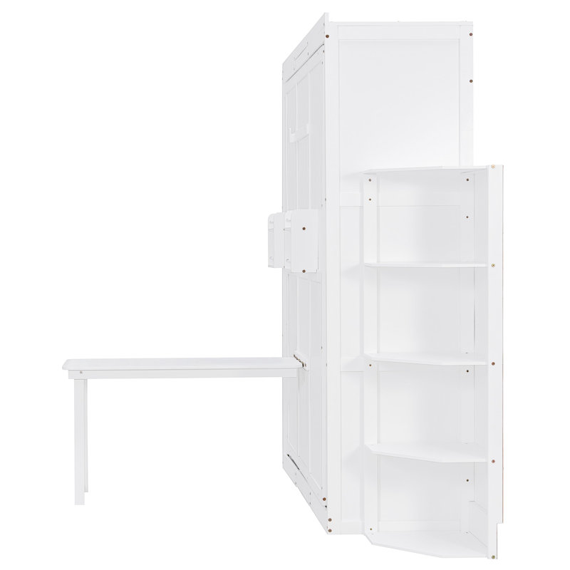 Grand lit rotatif peu encombrant avec armoire murale cachée, deux tablettes à 3 niveaux, espace de travail convertible, pour espaces compacts, bureau latéral blanc, rangement supplémentaire, petits espaces idéaux et bureaux à domicile,
