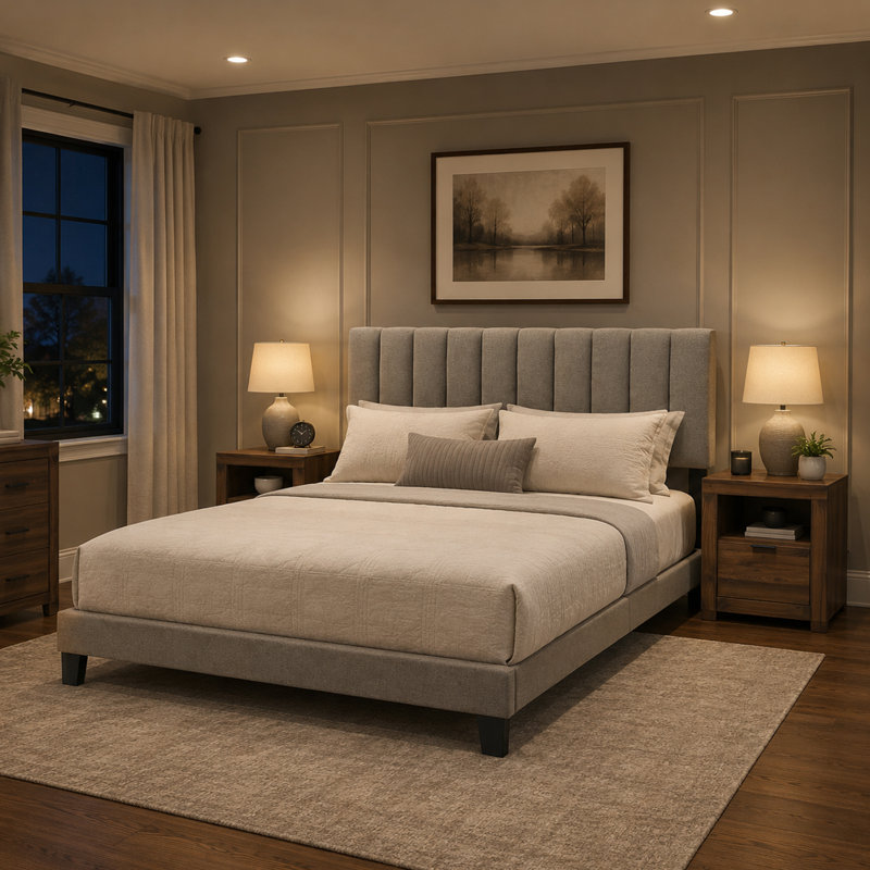 3-Pieces Bedroom Sets, Upholstered Bed Frame And Two Nightstands (Set Of 3), Walnut, Queen